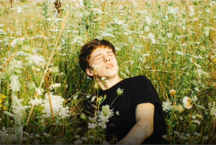 A young man amongst daisies in a field